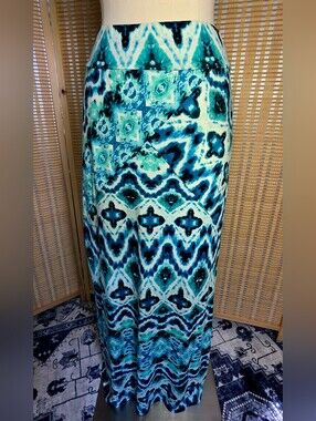 Tropical Teal Turquoise Aqua Blue Tie-dye Print Long Maxi Skirt in Size Medium